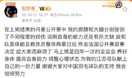 石宇奇因傷退出法國公開賽,專心養傷備戰全運會為江蘇隊奮戰